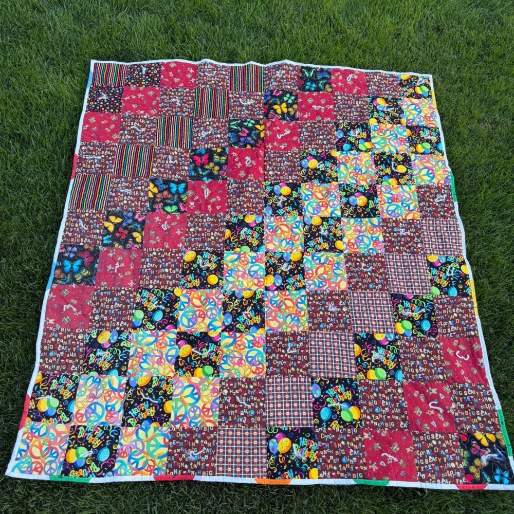Handmade Patchwork Quilt Peace Sign Smiley Face Reversible Colorful Throw 55x63